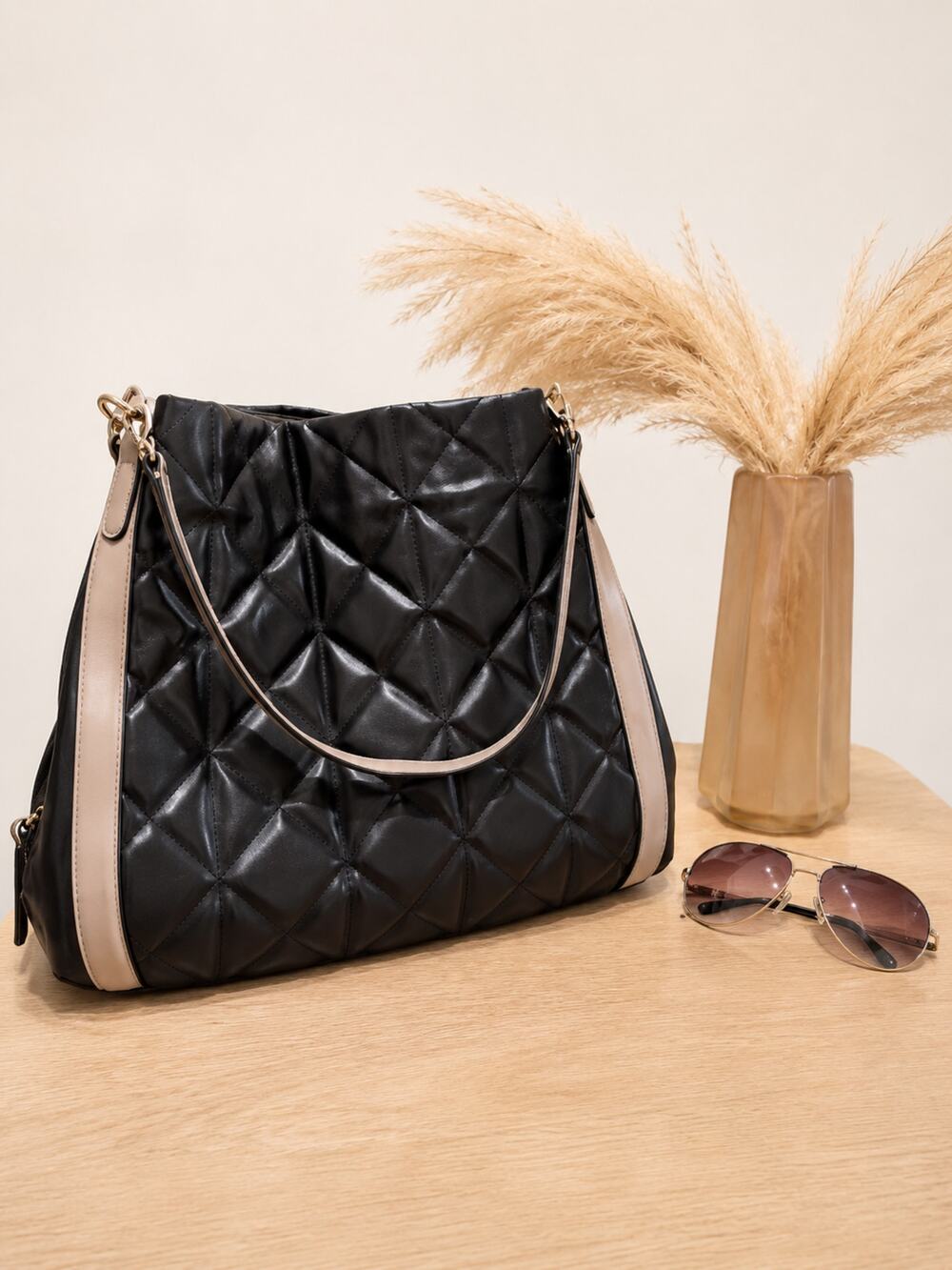 Coach Phoebe Black Quilted Leather Shoulder Bag with Tan Accents Gold Hardware